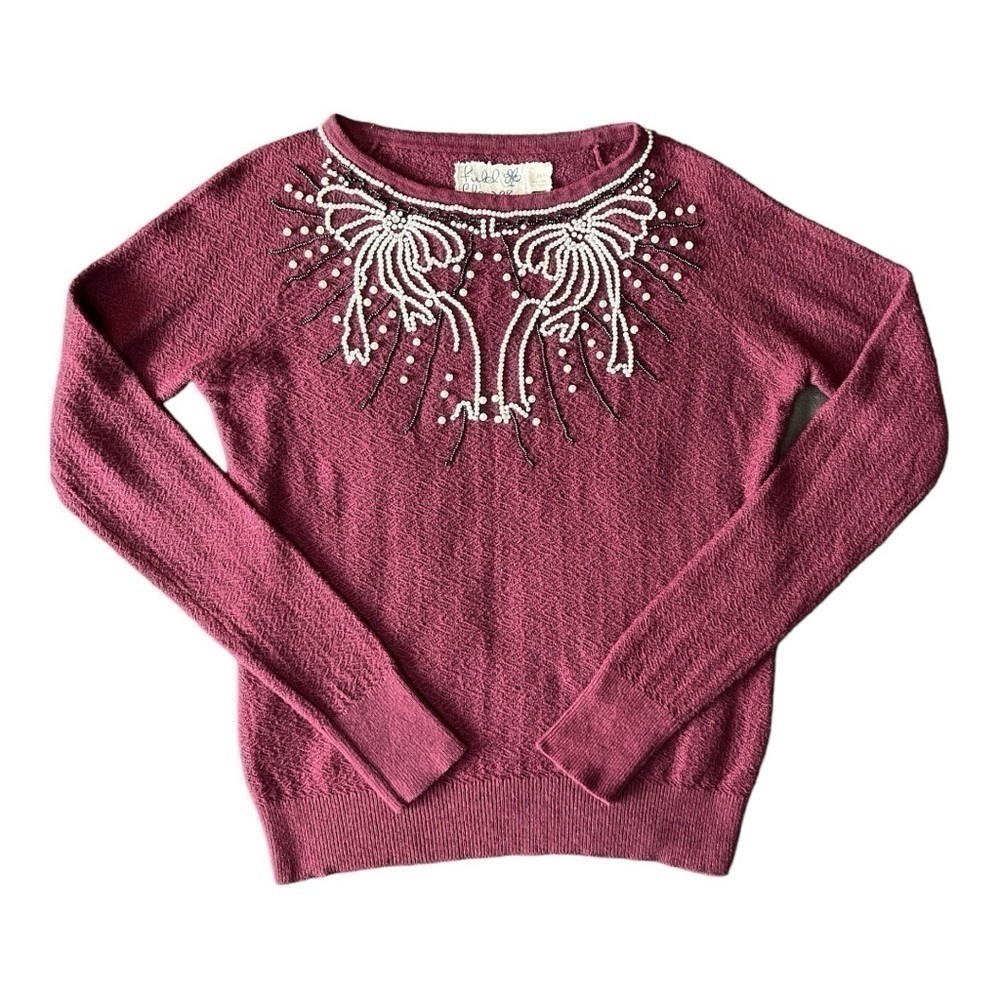 Anthropologie Field Flower Pearled Bow Pullover Crew Sweater Wool Embellished XS